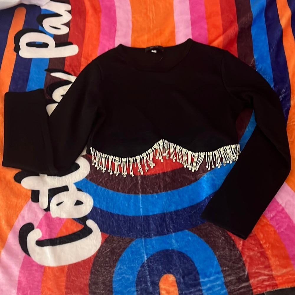 Micas Black Jeweled Crop Top (NWT) — Best Fit S/M 💎🖤